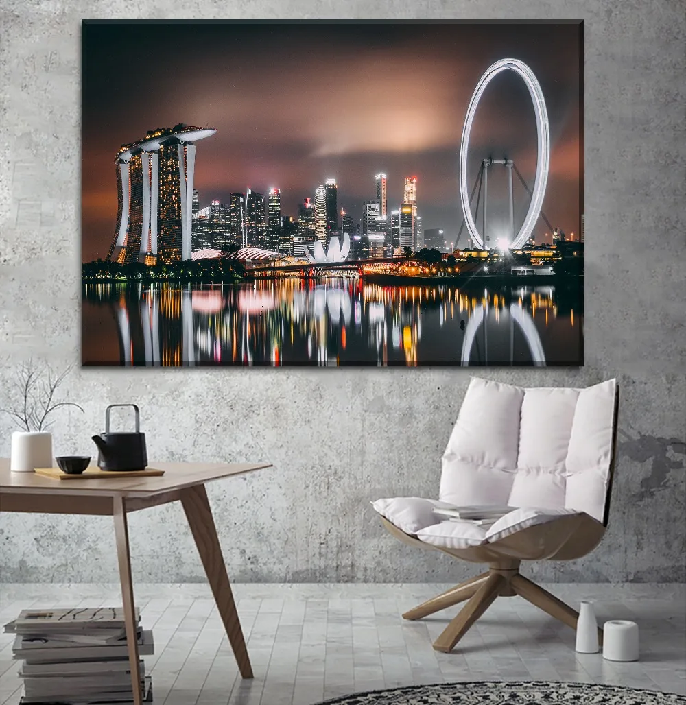 Canvas Painting Home Decor 4 Piece Singapore Night Skyscrapers Buildings Poster Prints River Shore Reflection Pictures Wall Art | Дом и сад