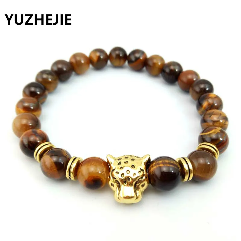 Новый модный браслет YUZHEJIE золотого цвета с головой леопарда лавовый камень оникс