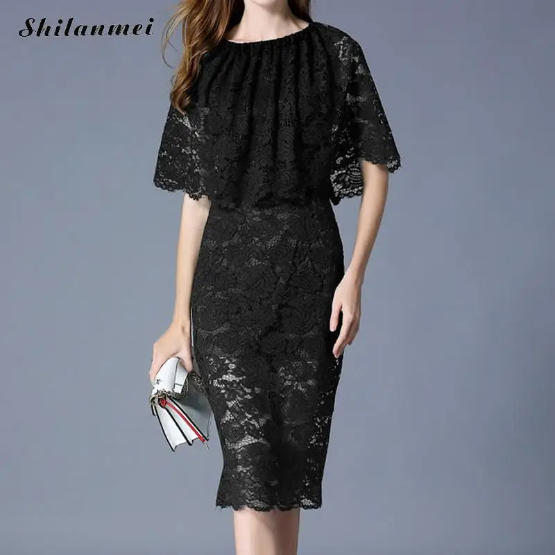 Элегантное кружевное платье с коротким рукавом накидкой облегающие офисные