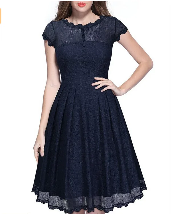 

Hot Sale Womens Summer Lace Dress Vintage O Neck Slim Sexy Pin up Rockabilly Vestidos Party Black Lace Dresses