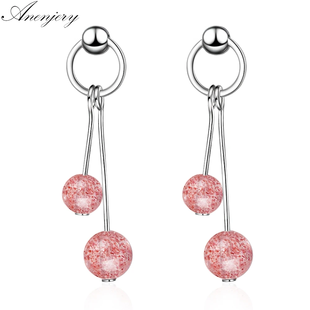 Anenjery Sweet Simple Circle Natural Strawberry Crystal Tassel Earrings 925 Sterling Silver Earrings For Women S-E140