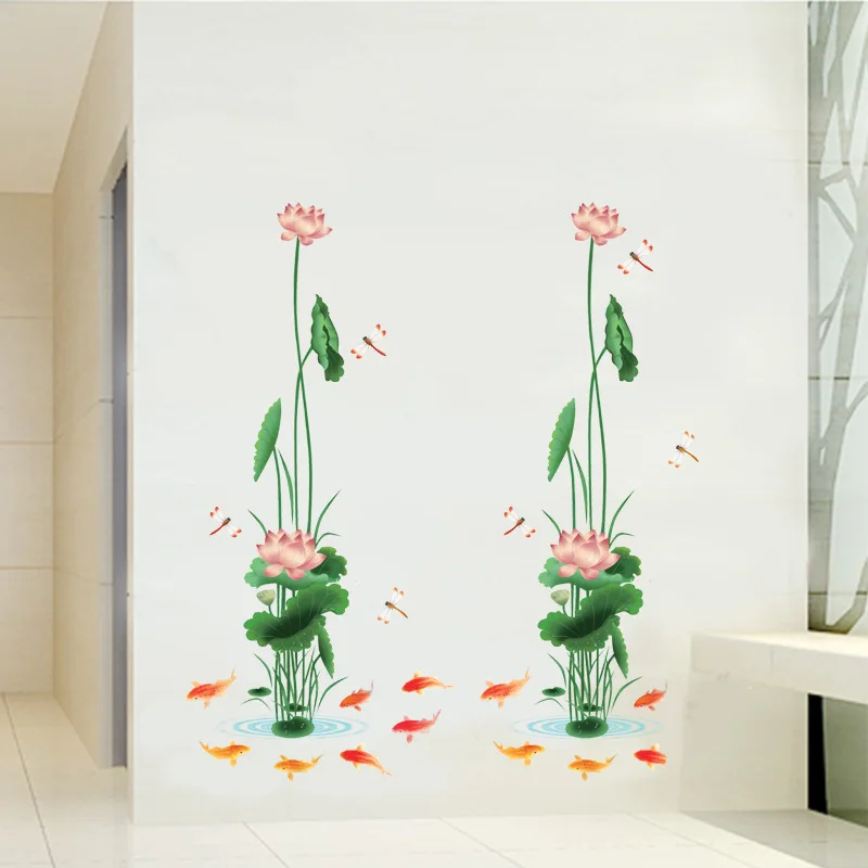 3D Wall Art 90*150cm Chinese Style Lotus Flower Fish Vinyl Sticker Living Room Bathrom Decoration Nature Posters Mural | Дом и сад