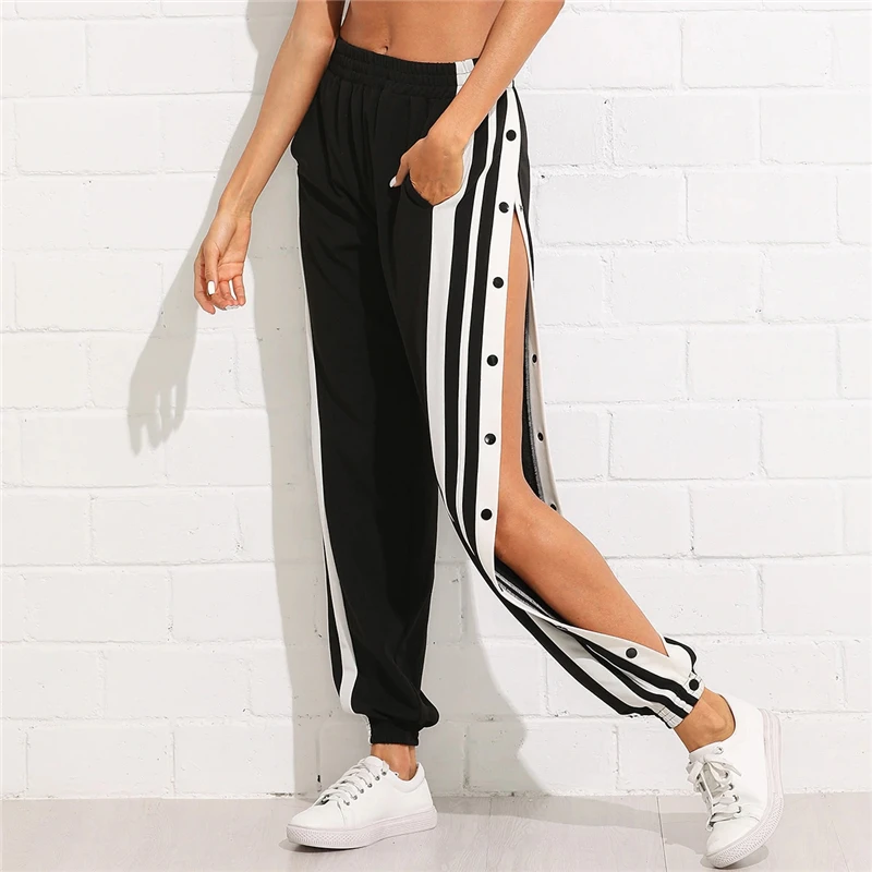 SweatyRocks, полосатые штаны с пуговицами, уличная одежда, женские зауженные брюки, модные весенние Стильные черные брюки и брюки