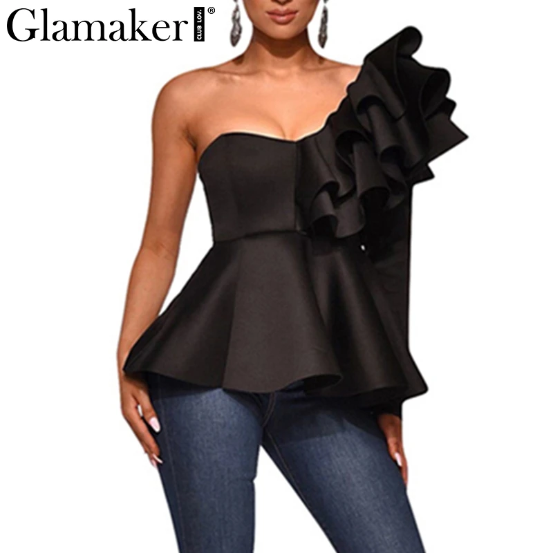 Женская блузка с длинным рукавом Glamaker белая облегающая на одно плечо баской и
