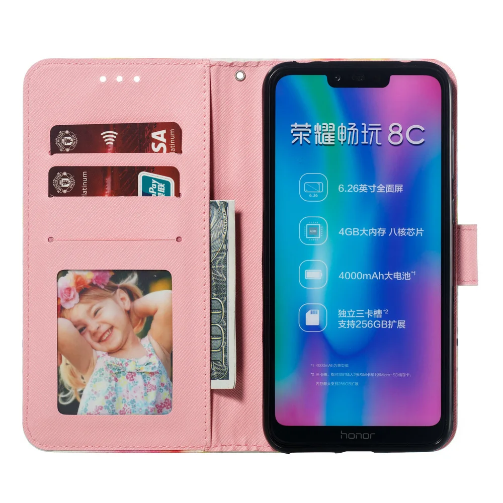 Симпатичный чехол книжка для Huawei Honor 8C 8 C бампер Y7 Prime 2019 чехлы бумажники с