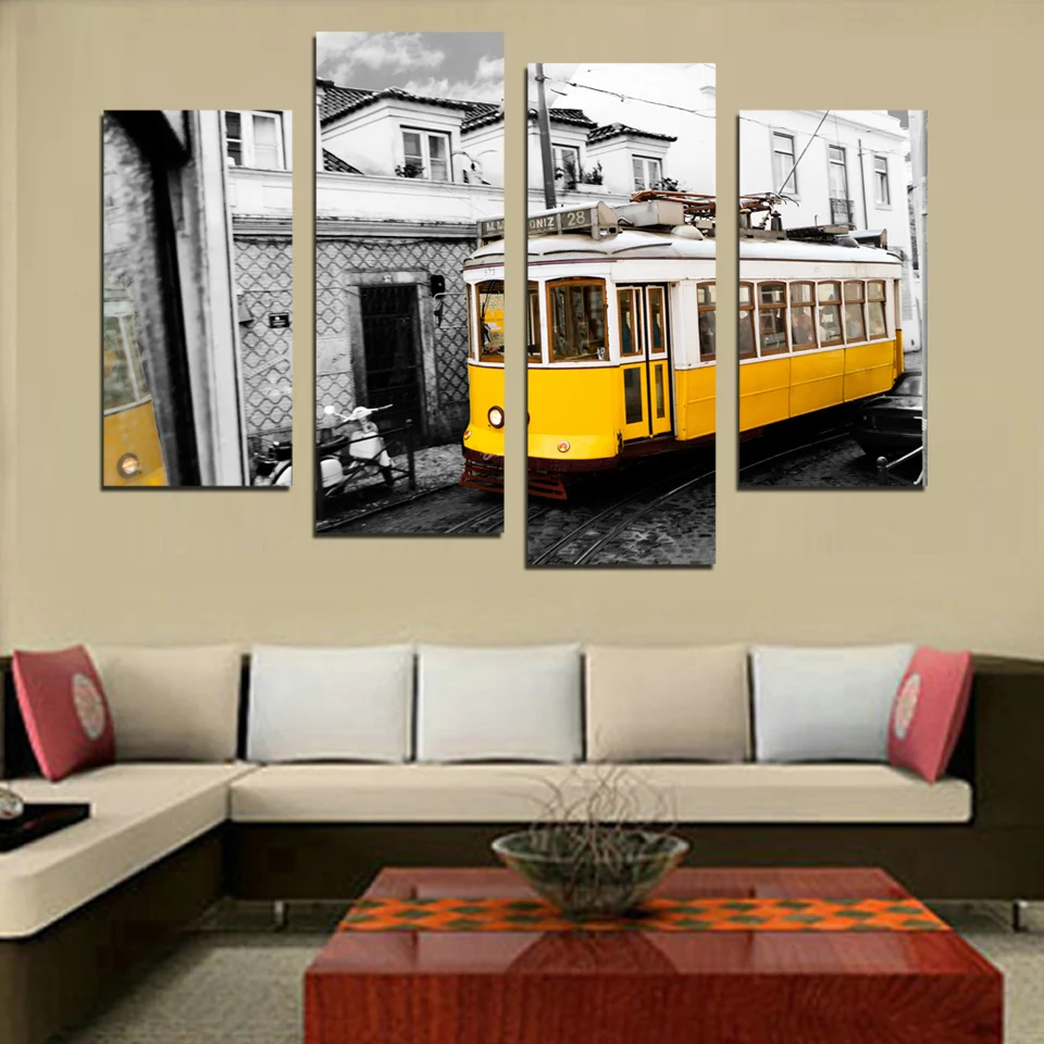 Ретро стиль 4 шт желтый автобус холст печать картина домашний декор уличный