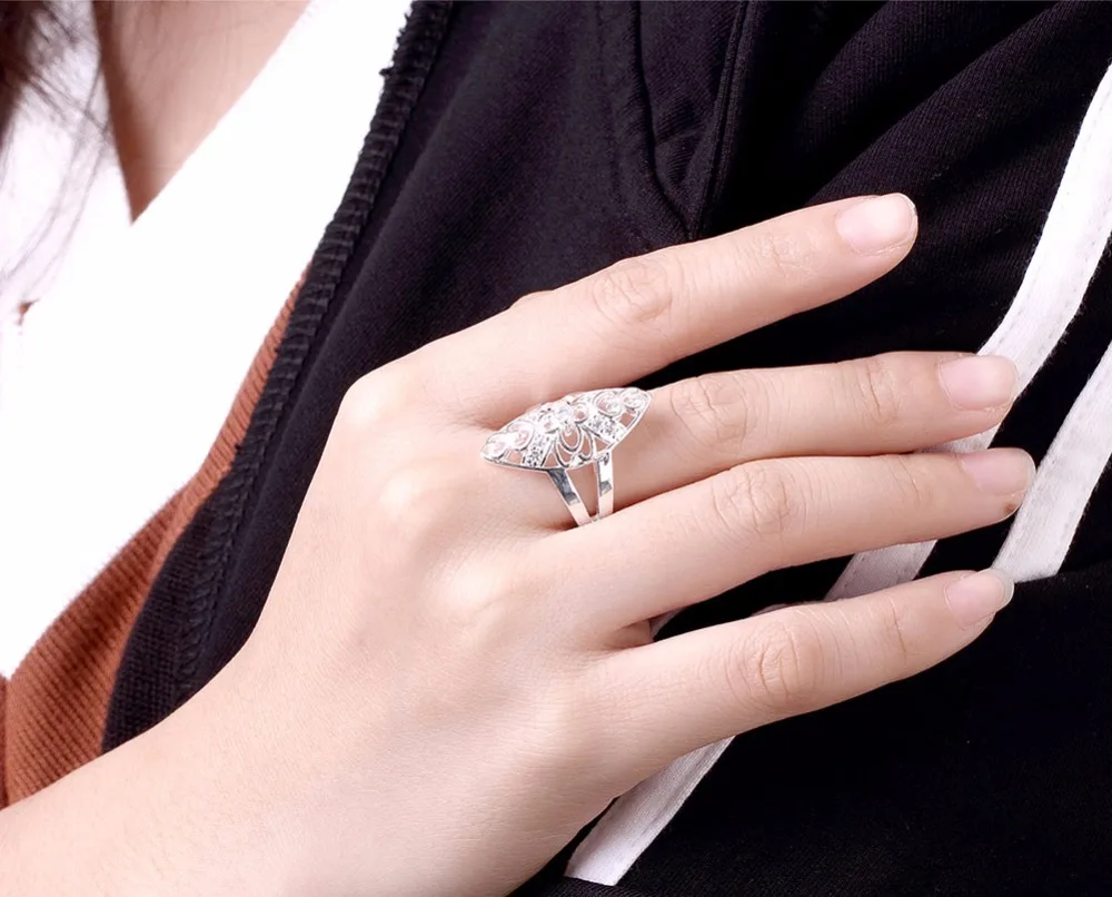 Gem Ring Inlaid CZ Zircon Women Crystal Accessories Silver Plated Flower Pattern Statement Trendy Brand Jewelry Wholesale Gifts | Украшения