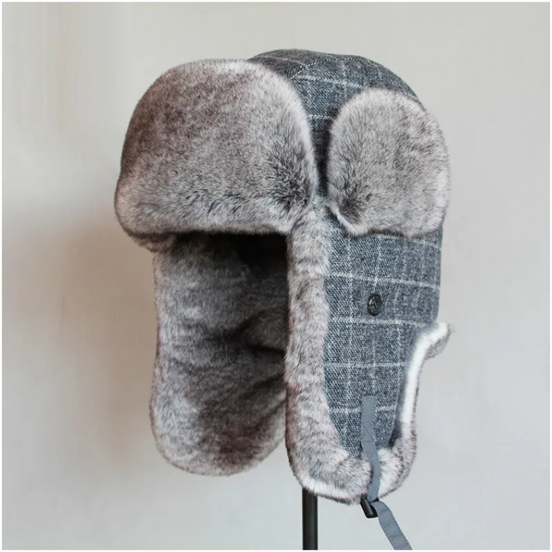 B-8504 Adult Bomber Trapper Hats Male Thick Winter Warm Rabbit Fur Hat Russian Ushanka Hat