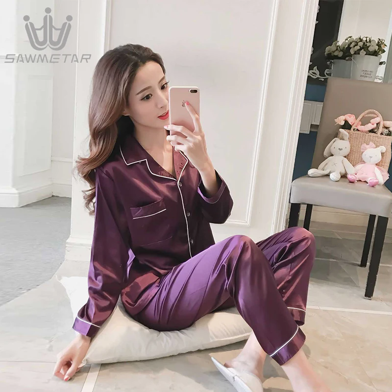 Pajama Sets Silk Satin Pijama for Women Pjs Sleepwear Winter Ladies Long Sleeve Spring Nightwear Femme Homewear Free Shipping