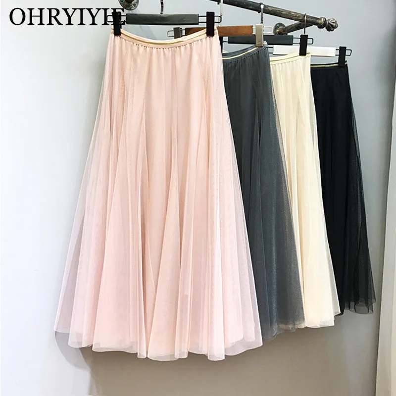 Летние однотонные юбки OHRYIYIE из тюля для женщин 2019 эластичная длинная юбка с