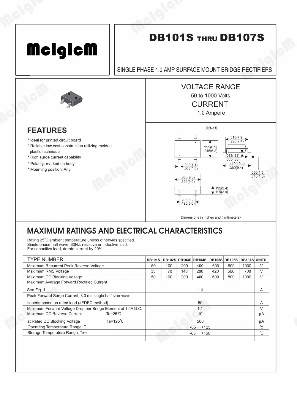MCIGICM 100 шт. SMD DB107 DB107S 1A 1000 в один фазы диодный выпрямительный мост