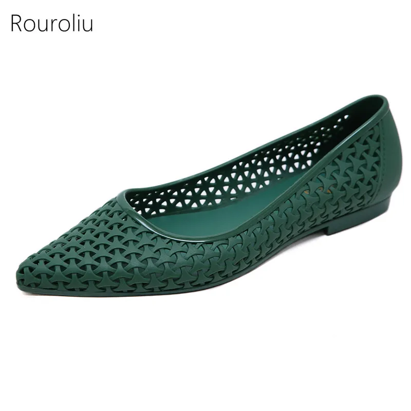 

Rouroliu Women Summer Hollow Out Jelly Shoes Non-Slip Pointed Toe Beach Sandals Woman Shallow Casual Flats FR95