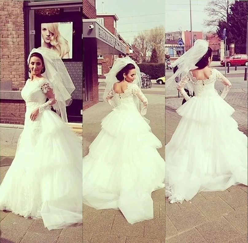 

vestido de novia Newest Tulle Wedding Dresess Long Sleeve Button Back Layered Tulle Wedding Bridal Gowns