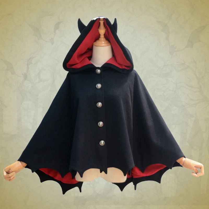 

Winter Darkness Girl Punk Lolita Cape Halloween Devil Hooded Bat Cloak Woolen Coat Women Wool Blends Female COS Outfit Black