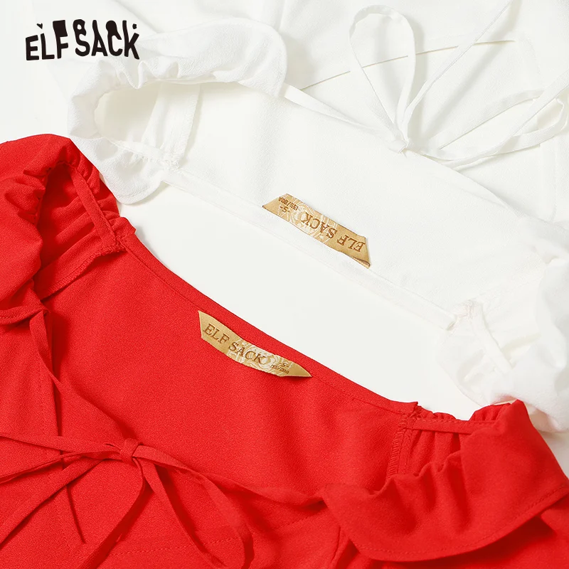 Женская блузка ELFSACK однотонная с бантом треугольным вырезом и рукавом-бабочкой |