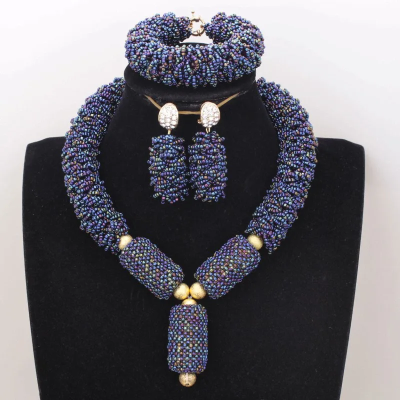 Dudo Jewelry Bridal Jewelry Set African Crystal Handmade Choker Necklace Set Bold Design in Dark Blue or Custom Color Free Ship