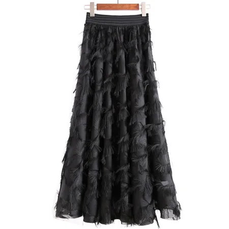 Черный Autumn Winter Feather Tassel Skirts Ankle Length Chiffon Long Skirts For Women Elastic High Waist TuTu Skirt Saias - Цвет: Черный