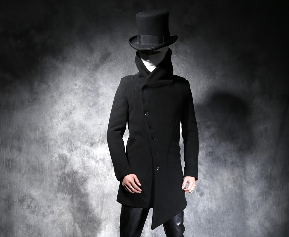 秋と冬新しい男性のキャラクター黒ロングスタイル毛織物コートファッションと非対称トレンチコート S 5xl
