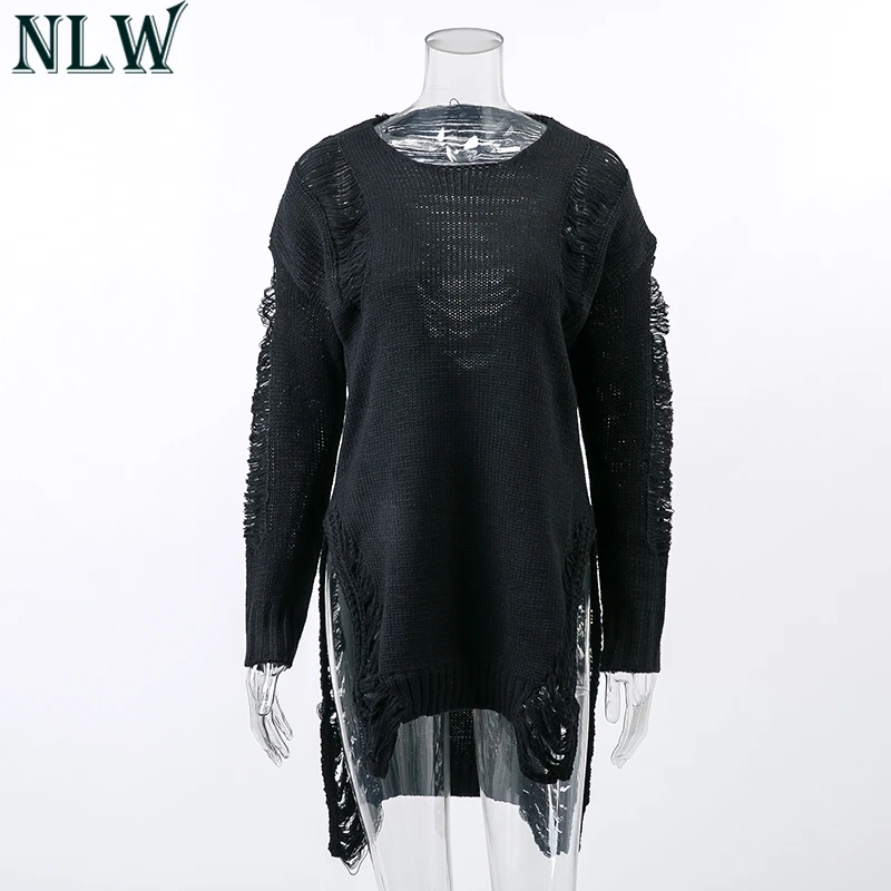 NLW Hollow Out Split Knitted Sweaters Women 2018 Autumn Pullover Long Sleeve Black Sweater Casual Winter Chic Gray Jumpers | Женская