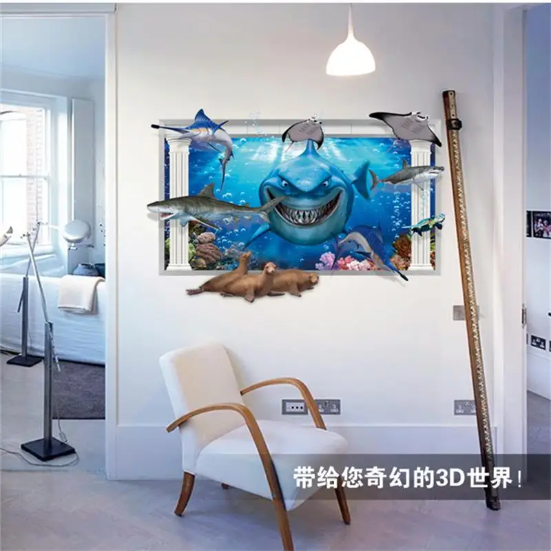 Новый под морское дно стикер стены акулы рыбы 3D мультфильм Водонепроницаемый