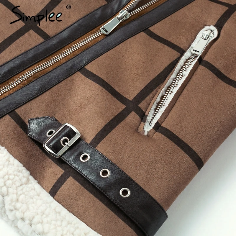 Женская клетчатая куртка Simplee из шерсти шуба искусственного меха с отложным