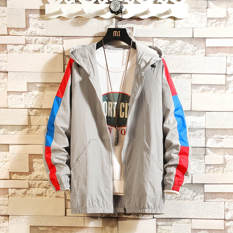 Мужская тонкая ветровка с капюшоном черно белая или серая куртка в контрастную