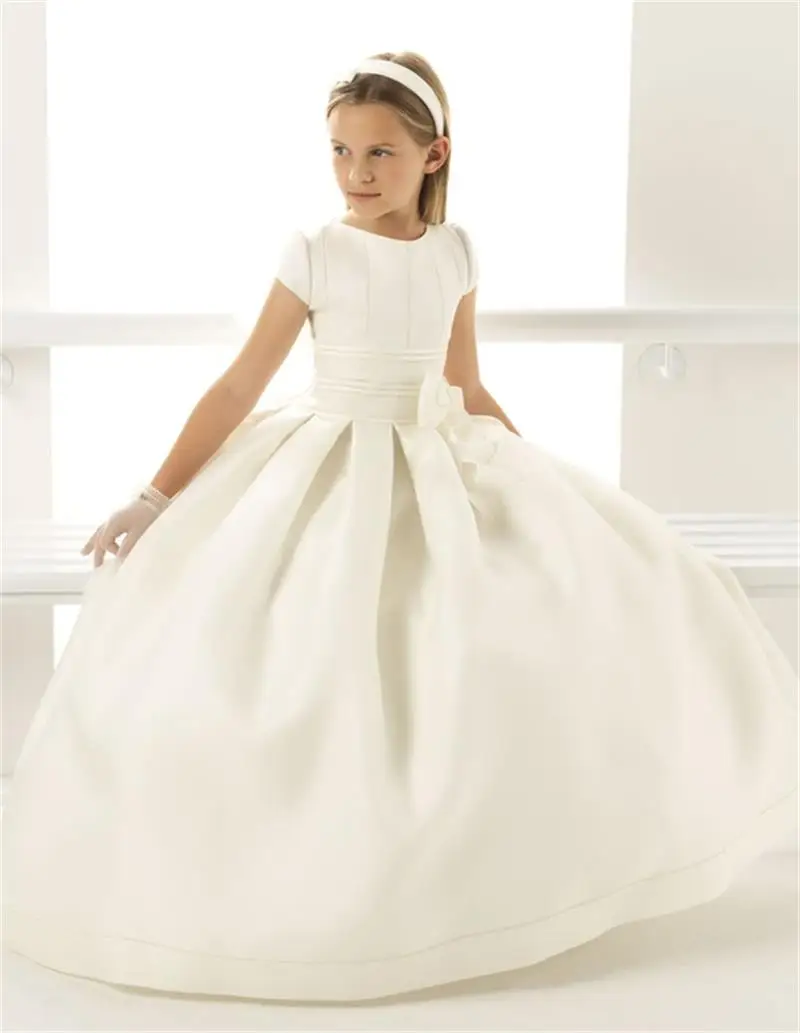 2020 Белое Короткое атласное платье с круглым вырезом и бантом для девочек