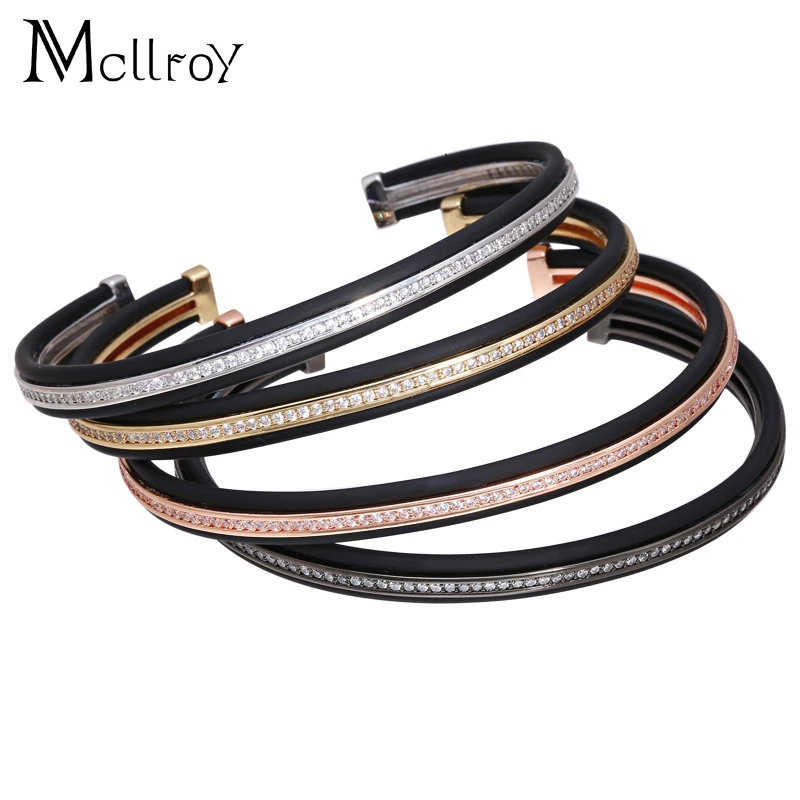 Mcllroy Роскошные бренды мужские браслеты Pave Setting Black CZ & Fashion открытые манжеты Pulseiras
