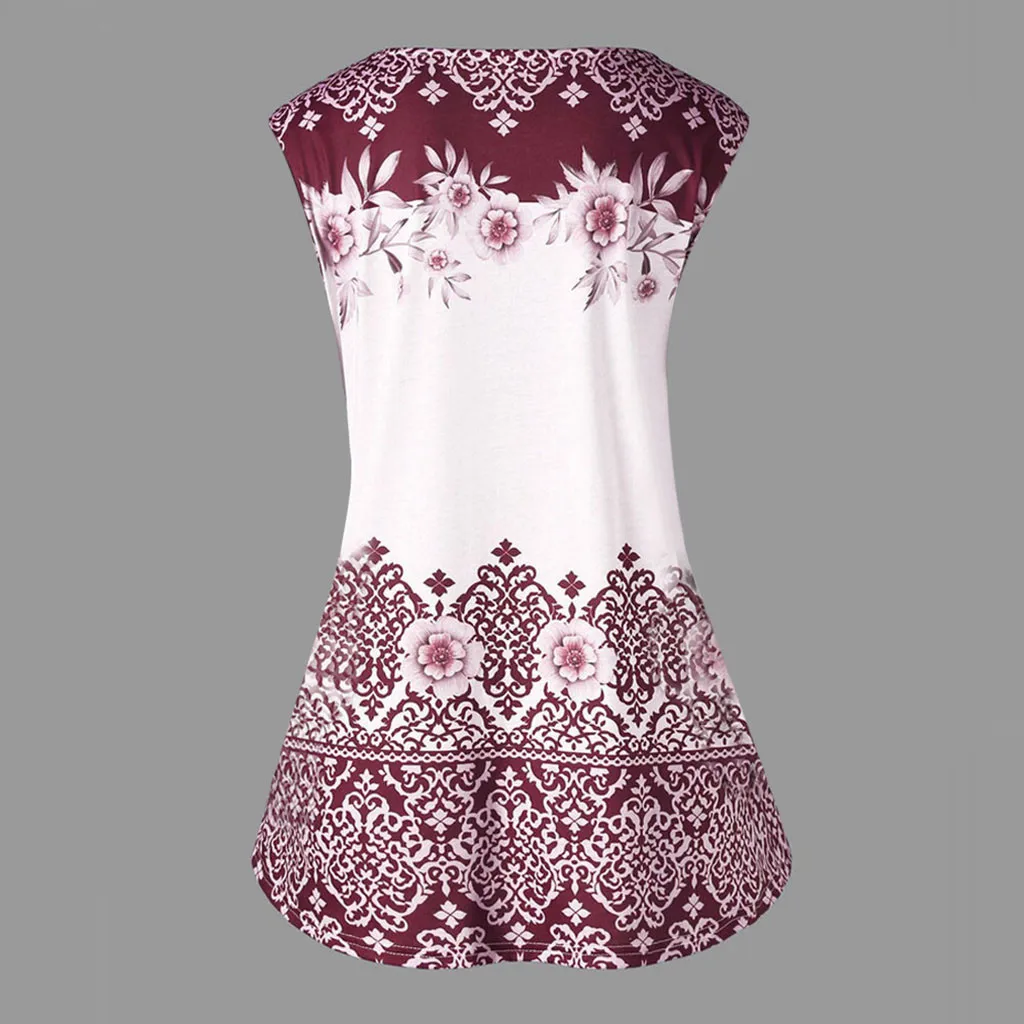 

Women blouses Fashion Plus Size Printed Sleeveless Keyhole top female shirt woman large size womens blouse