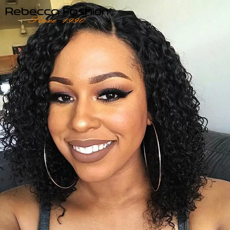 Rebecca Wet And Wavy Lace Human Hair Wigs For Women Peruvian Remy Hair Short Curly Bob Wig 12 Inch Natural Hair Free Shipping