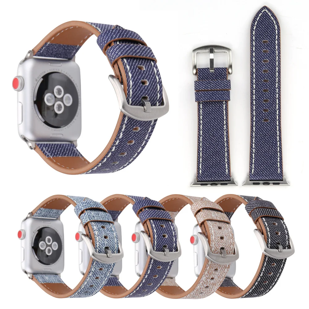 Ремешок из натуральной кожи для Apple Watch Band 38 мм 42 браслет с джинсовой вставкой iWatch