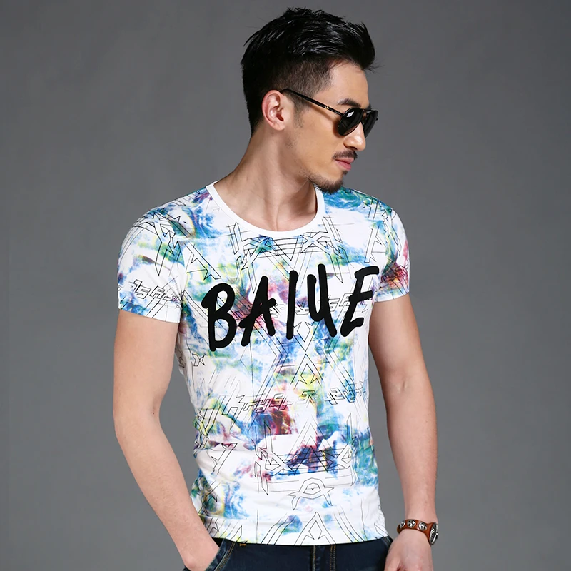 Лето 2017 г. мужские повседневные футболки с круглым вырезом Белый Геометрический