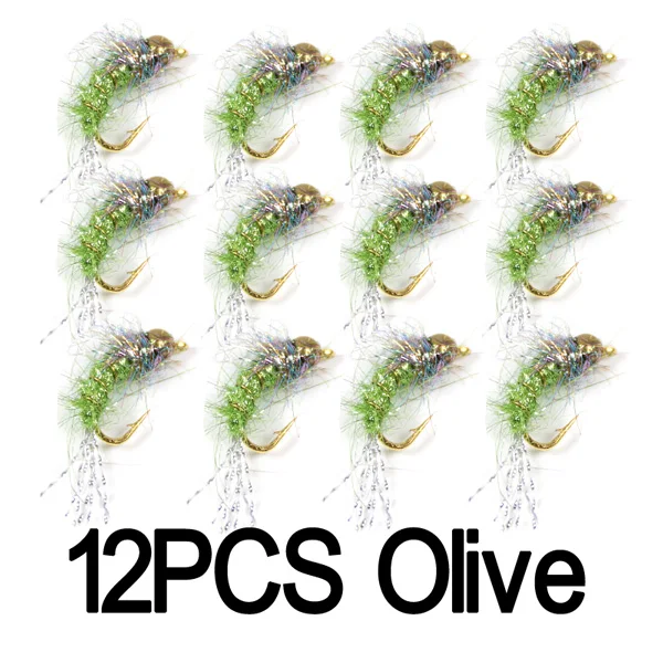 12pcs Olive 12 шт.#12 рыболовные крючки в виде мухи для ловли форели приманки BeadHead Nymphs розовый синий жемчуг оливковый фиолетовый - Цвет: 12pcs Olive