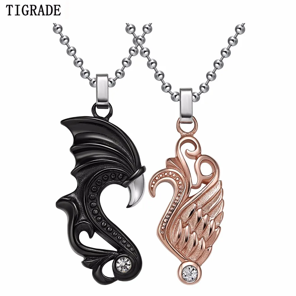 

2pcs Cool Pendants Stainless Steel Rose Gold Black Angel Wings Heart Couple Necklace Hiphop pareja alas collares para parejas