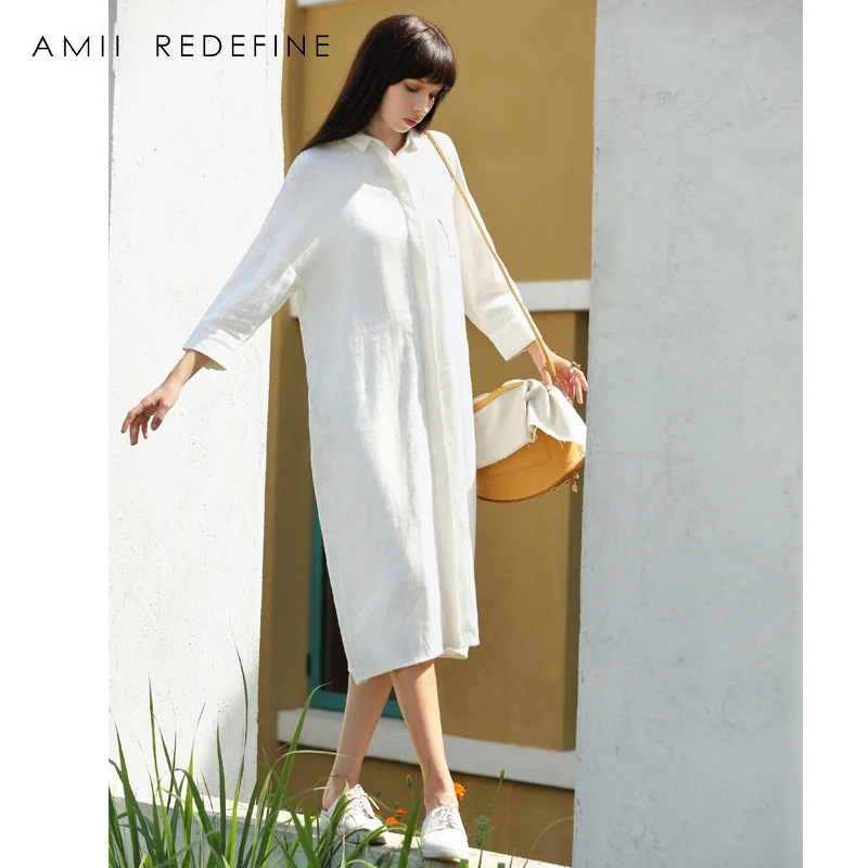Amii Redefine Платье женское 2018 Повседневная Свободная однотонная до середины икры