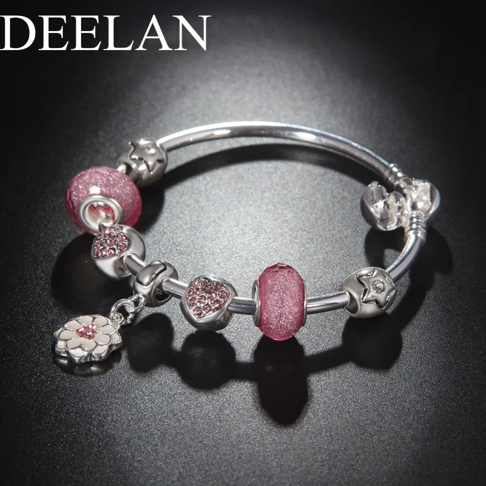 DEELAN fashion Silver Color Charm Bracelets &amp Bangles For Women Trendy Crystal Pink Glass Beads Bracelet jewelry Girl Cute Gift |