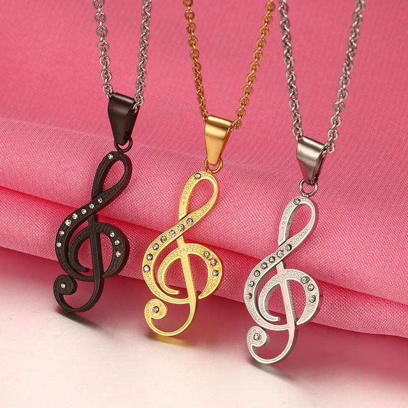Musical Note Pendant Necklace for Women Stainless Steel Silver / Black Gold Color 20&ampquot Chain |