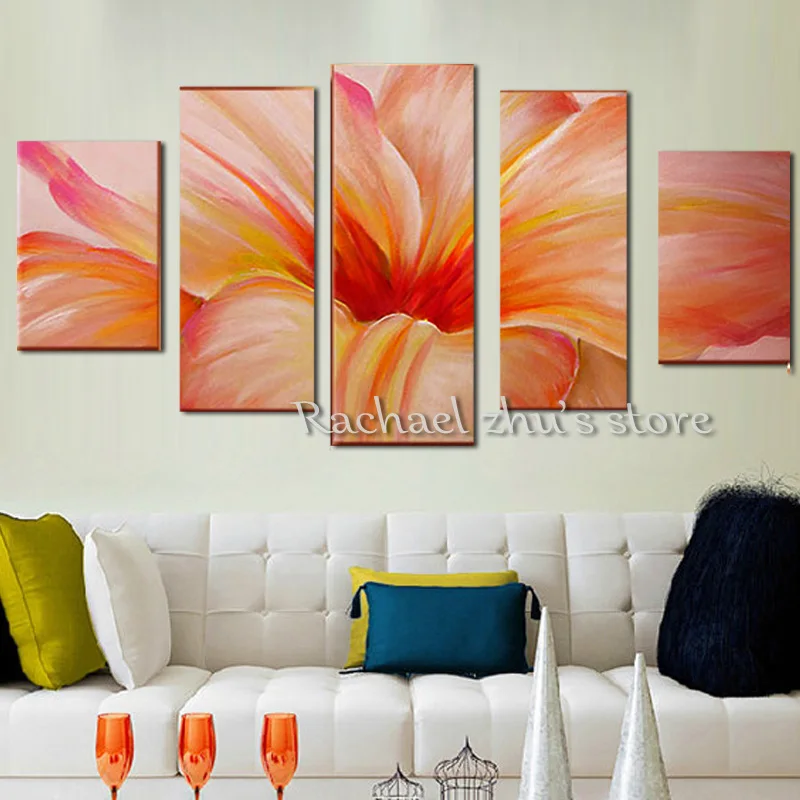 

Modern Hand Painted Abstract Blomming Flower Oil Painting On Canvas 5 Pieces Pink Flower Wall Pictures Living Room Home Decor