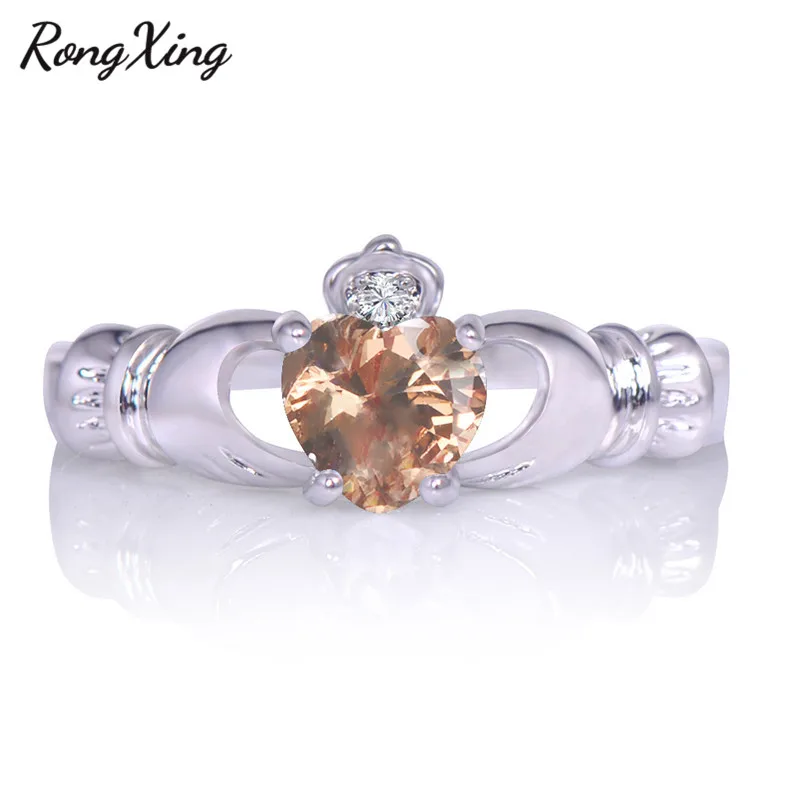 Champagne RongXing новое ирландское кельтское Корона сердце Claddagh свадебное предобручальное кольцо для женщин белое золото заполненный красочный Циркон кольцо RW1098 - Цвет основного камня: Champagne