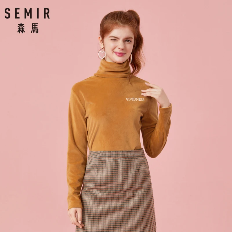 SEMIR Women Fitted Embroidered Velvet t Shirt Sweatshirt Long Sleeved with Roll-up Turtleneck Cozy Style for Winter Soft Lined | Женская