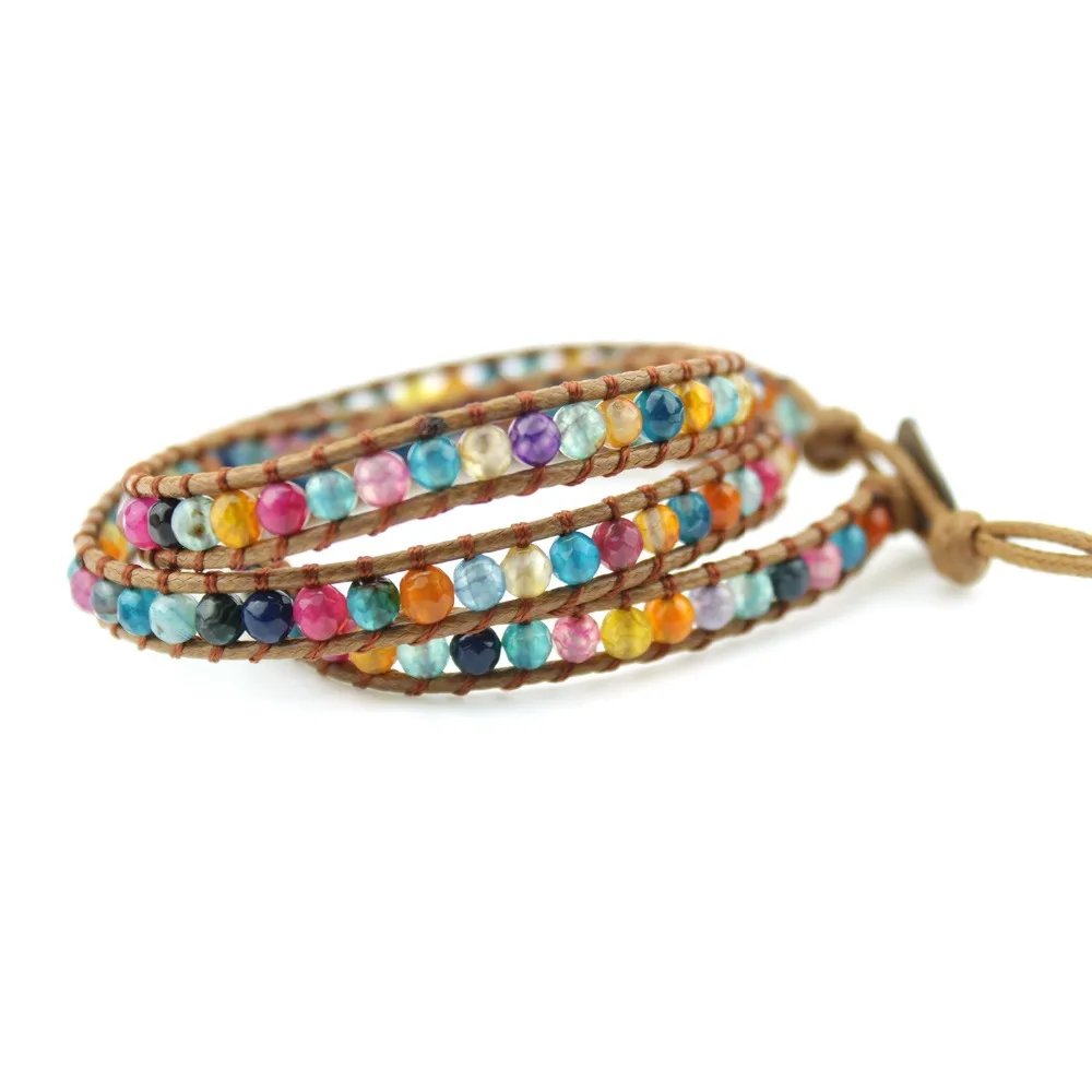 Женский браслет Boho из натурального камня 3X кожаный с обручкой цветной граненый
