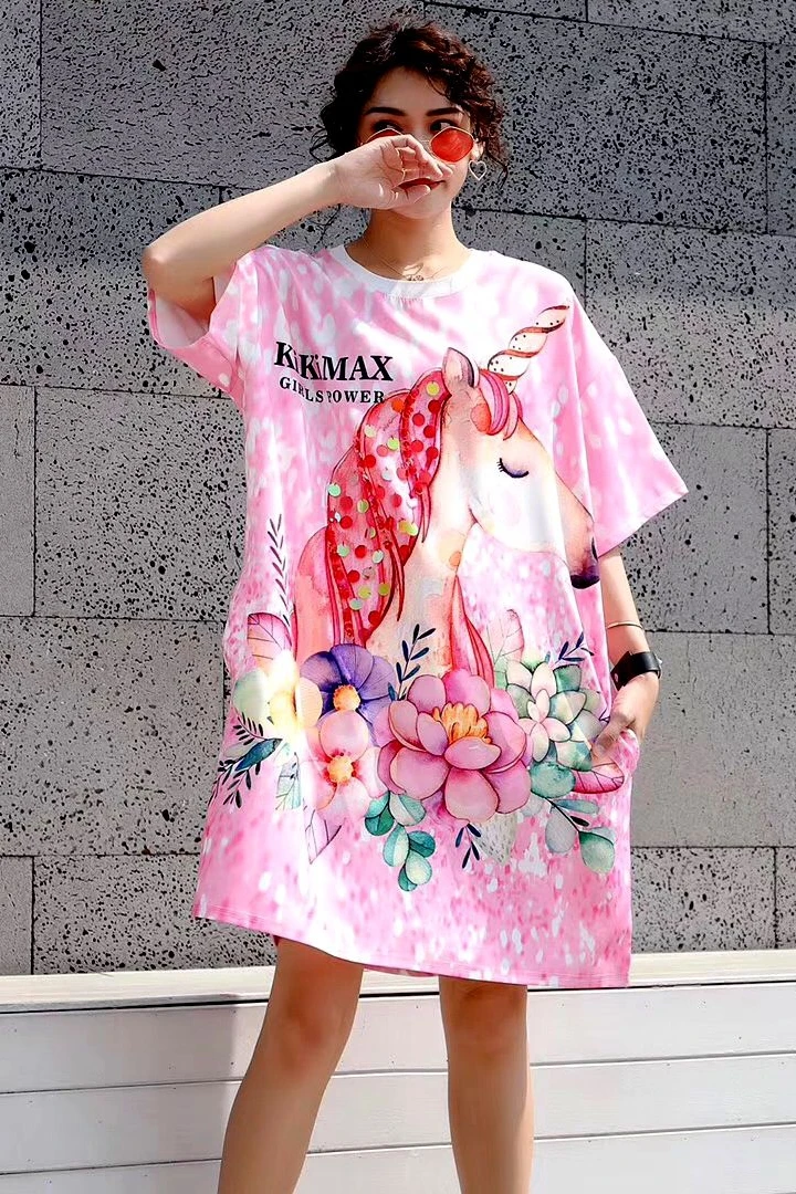 

European station Thai street fashion cartoon sequined print T-shirt female long section loose wild short-sleeved fashion dress