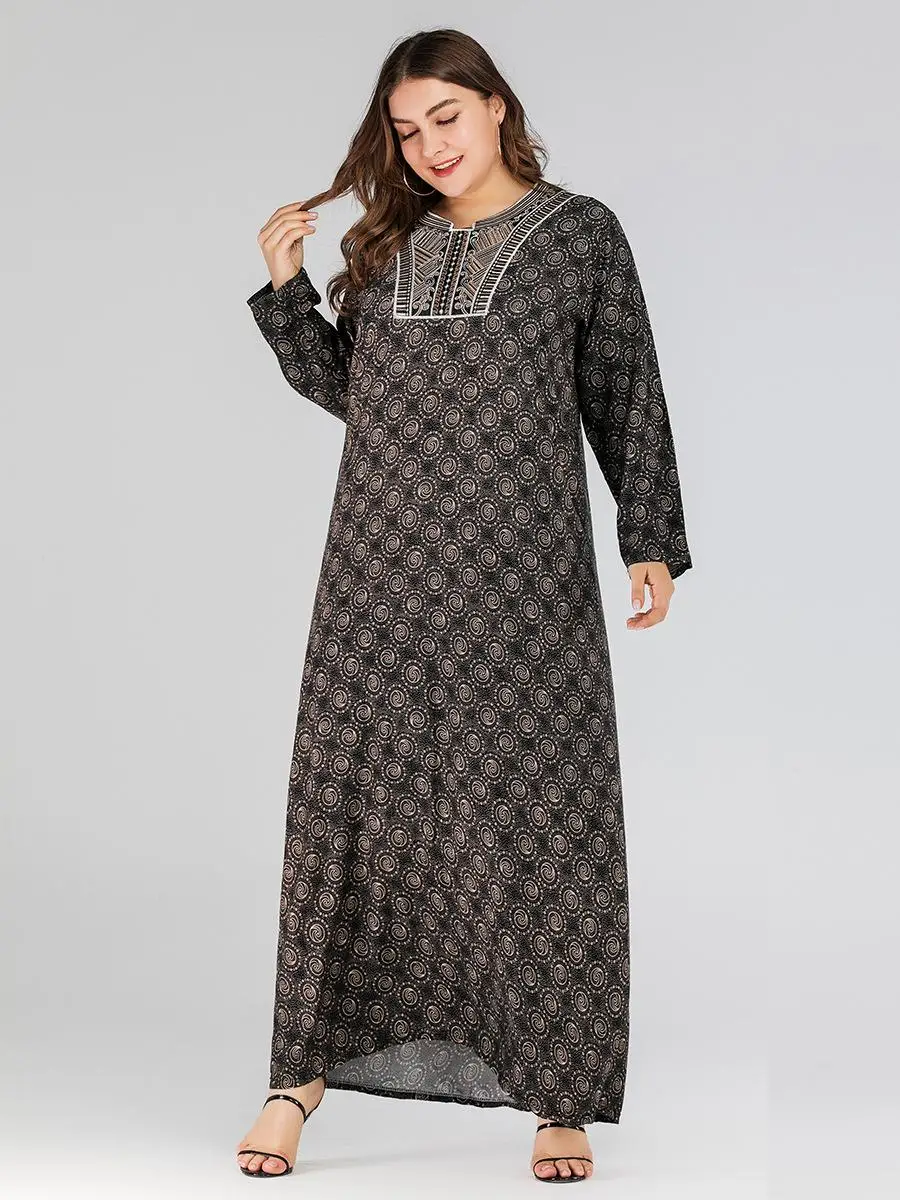 Muslim Women Maxi Dress Abaya Printed Vintage Long Robe Jilbab Party Kaftan Sleeve Gown Islamic Clothing Loose Plus Size | Тематическая