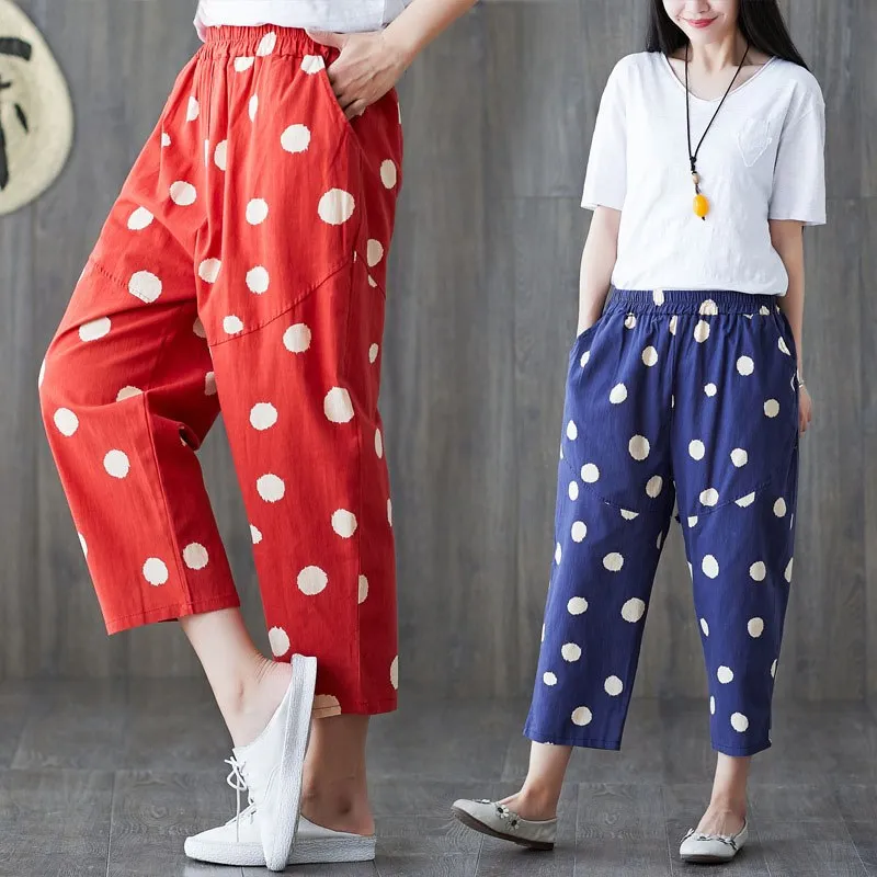 Women's Polka Dot Harem Pants Print Cotton and Linen Lady Loose Large Size Wild Casual | Женская одежда