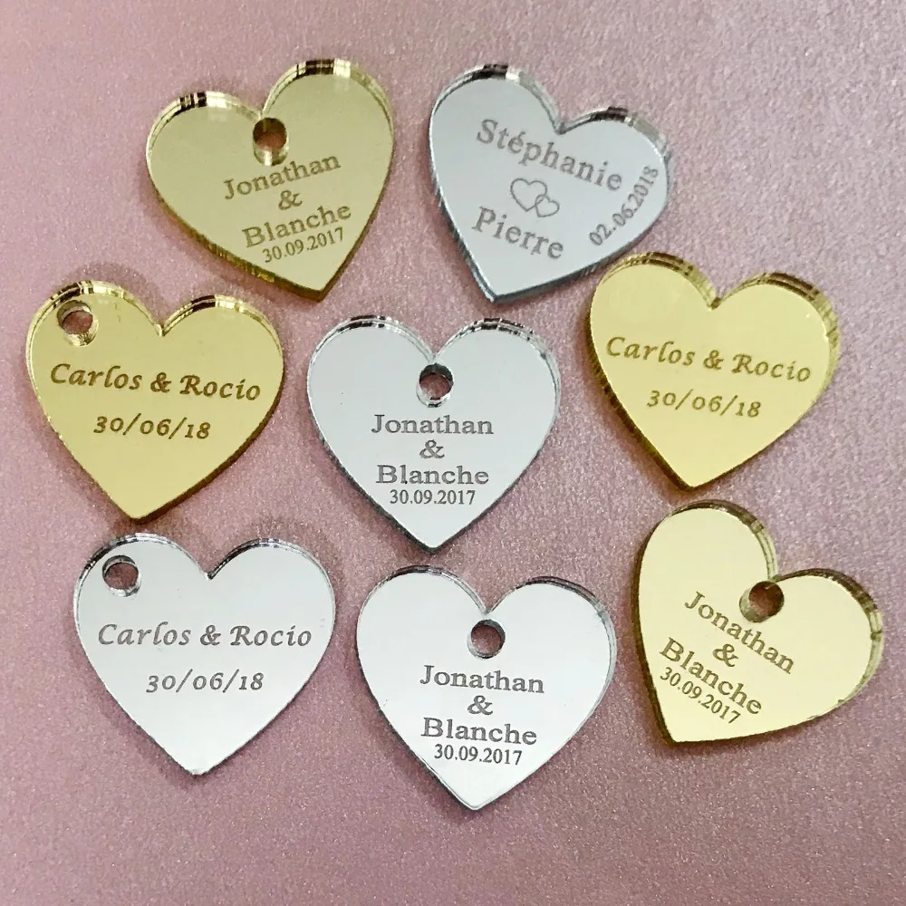 50/100pcs Personalized Mr & Mrs Mirror Love Heart Wedding Favors Table Decorations 25mm with hole in center