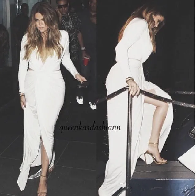 2018 Hot Sale Sexy white long sleeve Inspired Khloe Kardashian V Neck Cutout Prom Party Gowns Formal mother of bride dresses | Свадьбы и