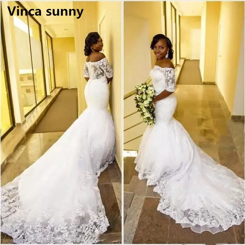

Mermaid Wedding Dresses 2022 Off Shoulder Half Sleeves White Lace Appliques Wedding Gowns Bridal Dresses Vestido de Noiva