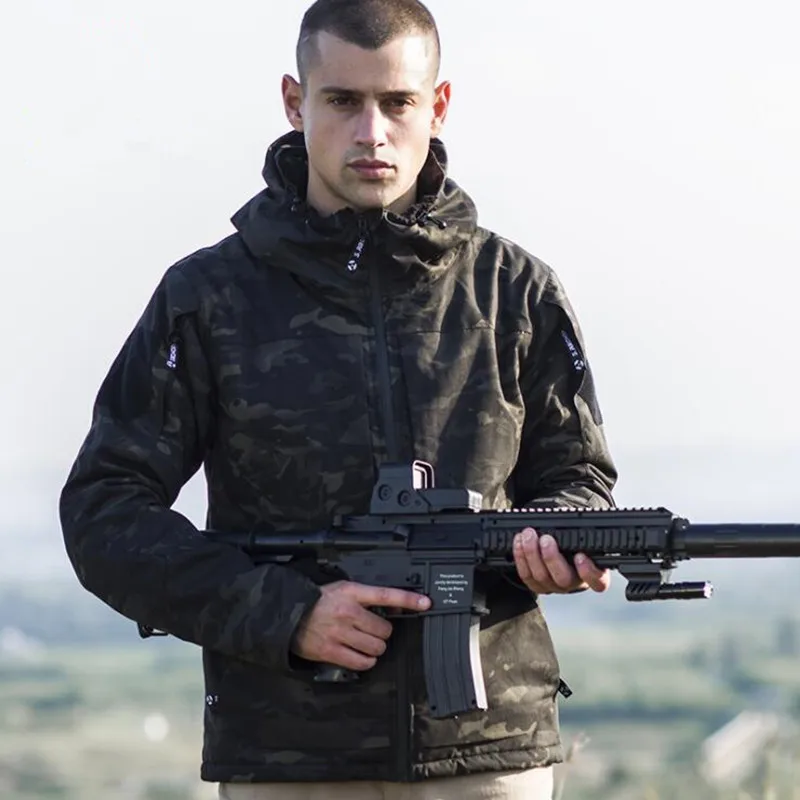 Водонепроницаемая тактическая флисовая куртка мужская с капюшоном Военная камуфляжная Полевая куртка пальто Зимняя теплая ветровка армейская куртка - Цвет: Black Cam
