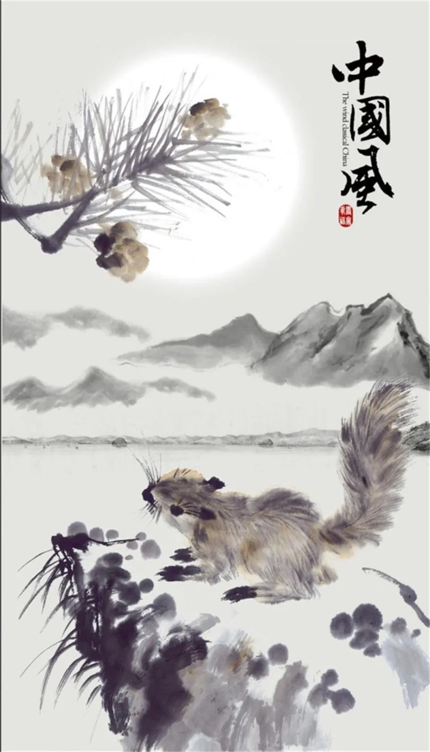 Custom 3d photo wallpaper porch entrance room mural Chinese style ink squirrel painting sofa background wall non-woven sticker |