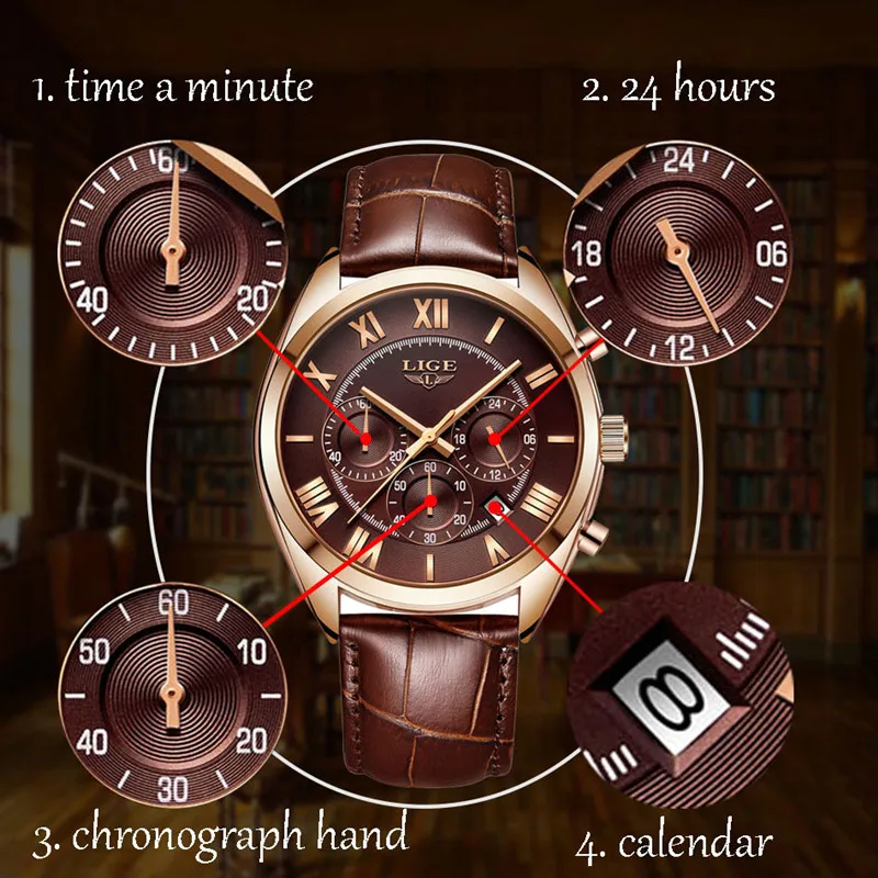 LIGE Fashion Sport Style Top Brand Luxury Quartz Watch Men Leather Brown Strap Waterproof Chronograph Dial reloj hombre | Наручные часы